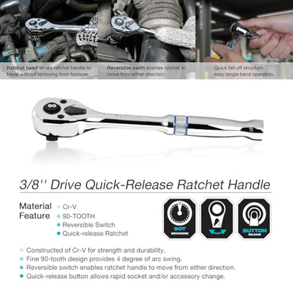 DURATECH 3/8-Inch Drive Ratchet, 90-Tooth Quick-Release Ratchet Wrench - size: 3/8"(Polished)