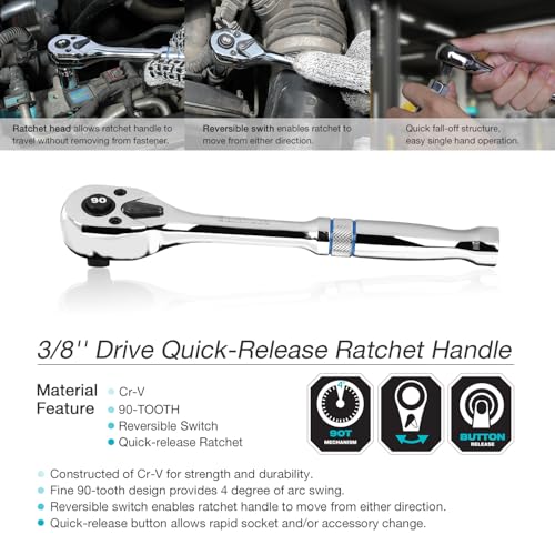 DURATECH 3/8-Inch Drive Ratchet, 90-Tooth Quick-Release Ratchet Wrench - size: 3/8"(Polished)