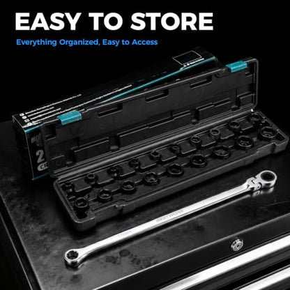 16.5" Long Flex Head Nano Ratchet Wrench & 19 Pcs 3/8" Nano Impact Sockets - size: 20-Piece