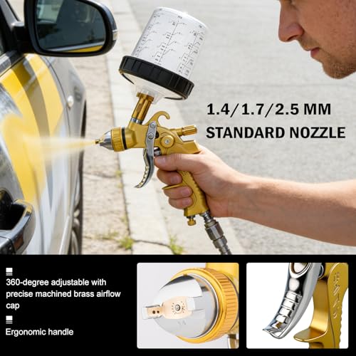 HVLP Spray Gun Kits with 1.4/1.7/2.5mm Nozzles 2 Cups Automotive Paint Guns - color: Yellow