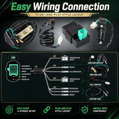 Wiring Loom Harness Kill Switch Ignition Coil Cdi Box Spark Plug Rebuild Kit for Kick Start Dirt Pit Bike ATV 50CC 70CC 90CC 110CC-160cc Buggy Go Kart Wire Harness