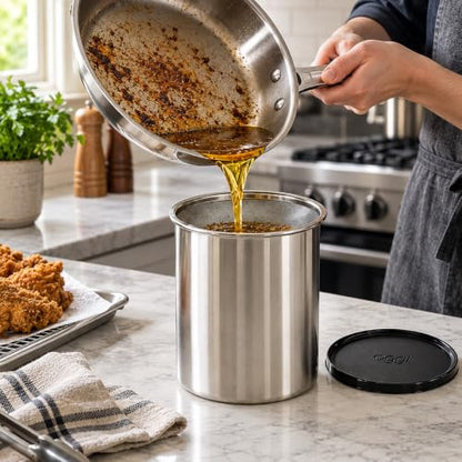 Oggi Stainless Steel Jumbo Grease Container with Removable Strainer and Snug Lid. Perfect container for fryer oil, bacon drippings, lard and ghee oil. Large capacity can - 1 Gall / 4 Qt / 3.75 Lt - size: 4 Quarts