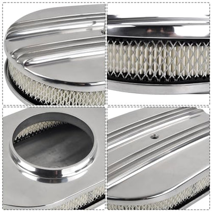 12" Air Cleaner Kit Polished Aluminum Oval Half Finned - color: Polished, size: 12"-Oval Half Finned