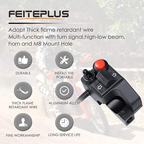 Feiteplus Aluminum Alloy Left Motorcycle 7/8" Handlebar Mount Switch Horn Beam Winker Turn Signal Blinker Push Button Motorbike Switches, 20AWG Thicken Wire
