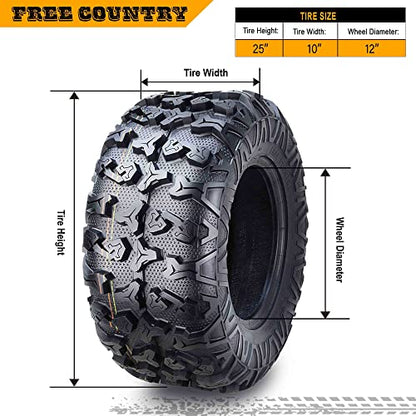 Free Country ATV Tires 25X10R12 8PR Radial w/SideScuff Guard 10343, Set 2 - size: 25x10R12