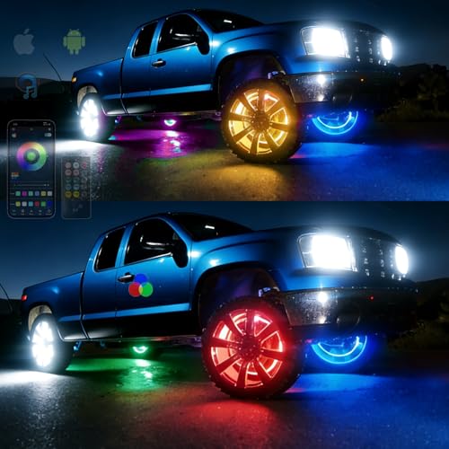 Surper Bright New 17in RGBW 4 Row Wheel Lights for Truck,APP RF 4-Zone Control,High Density 2592 LEDs RGB+White Wheel Ring Light,Brake & Courtesy Function,Music Sync Dynamic Car Rim Tire Lights