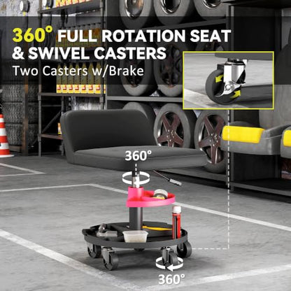 HOMCOM Rolling Mechanic Stool, 300 LBS Capacity with 360° Wheels, Black