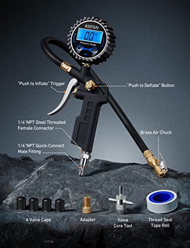 AstroAI Digital Tire Pressure Gauge with Inflator 3-250 PSI Fits 1/4" NPT - size: 1 Pack Standard, style: with case