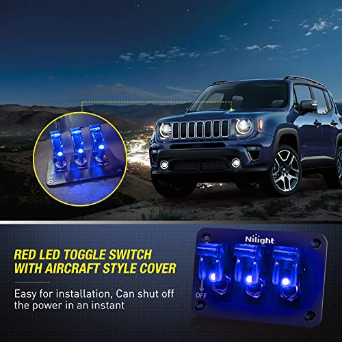 Nilight 3 Gang Toggle Switch 12V Rocker Switch Panel with LED Light and Flip Cover Heavy-Duty ON/Off Switch Plate 3 Pin SPST Rocker Switch，2 Years Warranty - color: Blue 3 Gang