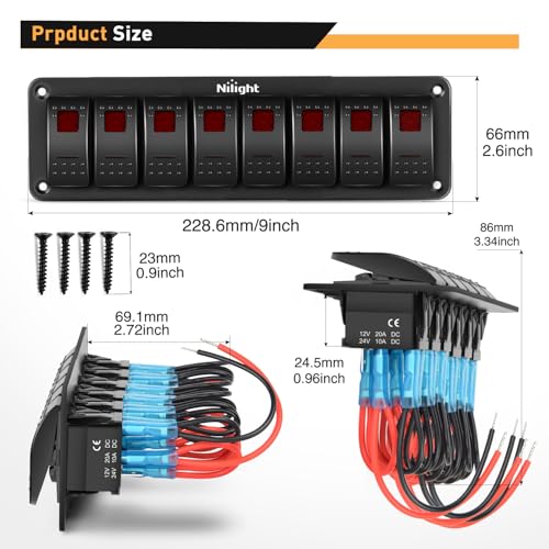 Nilight 8 Gang Rocker Switch Panel SPST On Off 5PIN Electrical Toggle Red - color: Red, size: 8 Gang