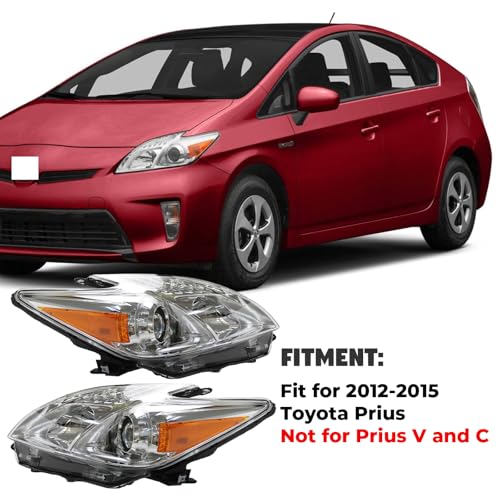 Headlight Assembly Fit for 2012-2015 Toyota Prius,Halogen Headlamp Replacement Driver Passenger Side Chrome Housing Amber Reflector Clear Lens TO2518134 TO2519134