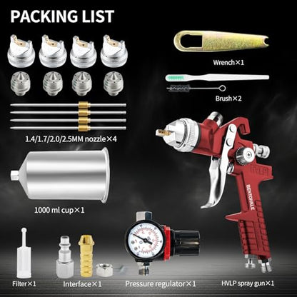 HVLP Gravity Feed Spray Gun with 4 Nozzles 1.4/1.7/2.0/2.5mm - color: Red