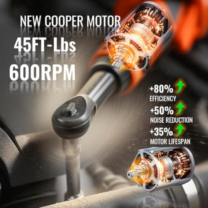 3/8" Electric Ratchet Wrench Set, Extended Long Neck Cordless Ratchet, 16V 45 ft-lbs Power Ratchet Kit, 600 RPM, 2 Batteries, LED, 9-Pcs Accessory Set & Toolbox for Auto Repair