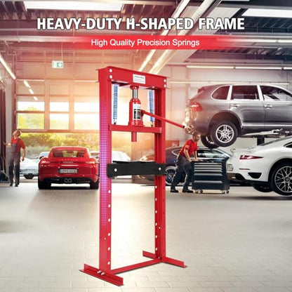 Hydraulic Shop Press, 12 Ton H-Frame Bearing Press with Adjustable Height - size: 12T-Red