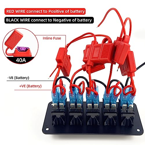 FXC Pre-Wired 5 Gang Rocker Switch Aluminum Panel with 40A Inline Fuse, Waterproof 6-Pin On-Off Car Boat Switch, Blue LED Switch Panel for Marine Boat Automotive RV Truck ATV Vehicles 12V/24V - style: 5 Gang