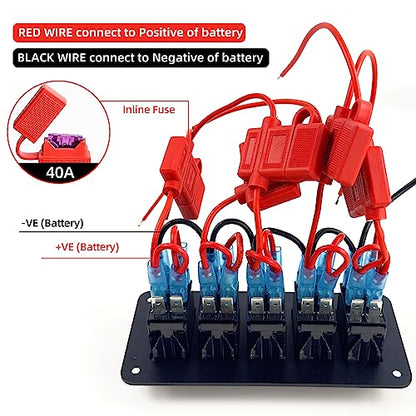 FXC Pre-Wired 5 Gang Rocker Switch Aluminum Panel with 40A Inline Fuse, Waterproof 6-Pin On-Off Car Boat Switch, Blue LED Switch Panel for Marine Boat Automotive RV Truck ATV Vehicles 12V/24V - style: 5 Gang