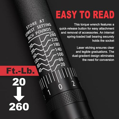 1/4" Drive Torque Wrench 20-260In.-Lb./2.96-29.4Nm, Two-way Adjustable 72-tooth Click Torque Wrench, Dual Scale, ±3% Accuracy Wrench, Suitable for Maintenance Bicycles, Cars and Trucks - size: 1/4"