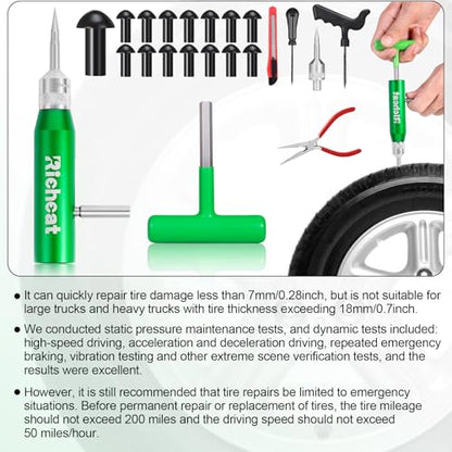 Richcat Tubeless Tire Puncture Repair Kit with Mushroom Plug, Repairs punctures and Flat Tires for Motorcycles, Cars, Trucks, ATVs and Tractors - size: 15Plugs Kit
