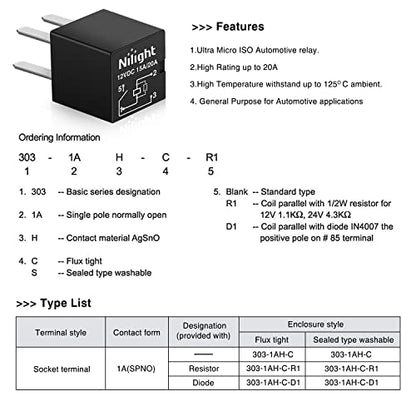 Nilight 5PCS 12V 4Pin SPNO Purpose Micro Relay 20A Sealed for Polaris RZR - color: 4Pin Relay