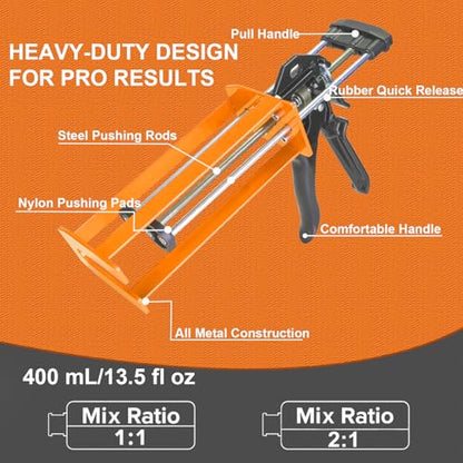 Epoxy Gun Dual Component 400ml – Manual 1:1 & 2:1 Ratio Adhesive Applicator for Epoxy, Urethane, Acrylic,High-Thrust 2-Part Adhesive Gun for Panel Bonding, Structural & Plastic Repair,Orange - size: 400 ml (1:1, 2:1)