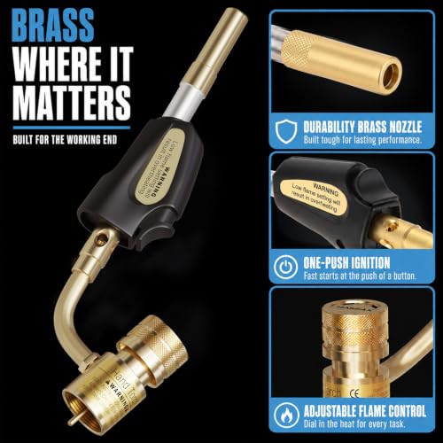 Propane Torch Head with Igniter, Adjustable Flame for Soldering - color: Black and Gold