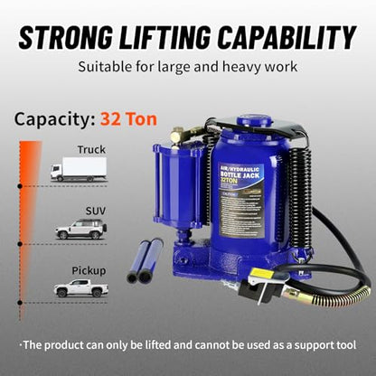 32 Ton Air Hydraulic Bottle Jack with Air-Powered or Manual Operation, One-Piece Hydraulic Cylinder Design, Air Bottle Jack with Independent Air Pump Body and Carry Handle - color: Blue, size: 32 Ton