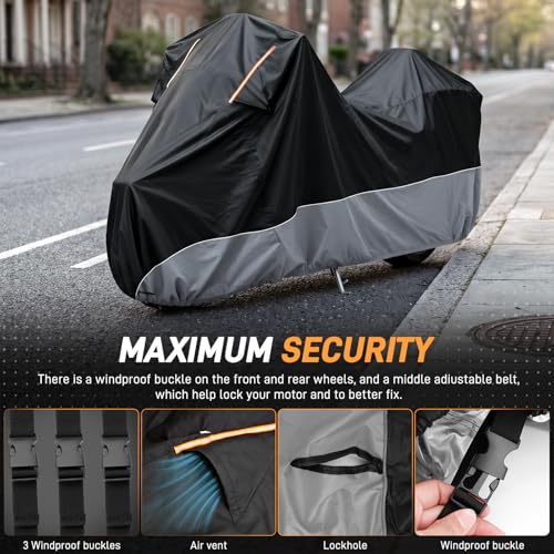 Waterproof Motorcycle Cover 420D Heavy Duty with Side Top Box Compatible with Harley Davidson Touring,Touring Ultra Limited Road King Street Glide Road Glide Electra Glide(116" x 47" x 53") - color: Gray