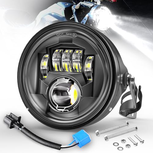 7"" Inch LED Motorcycle Headlight with Housing Bucket Mouting Brackets Hi/Low Beam Headlamp for H-arley Yamaha Honda Cafe Racer Bobber Chopper Scrambler Streetbike w/34~42mm Fork Tube, White - size: 7in LED Motorcycle Headlight
