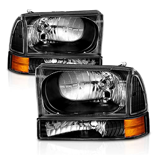 AmeriLite OE Black Replacement Headlights 4pcs Set w/Socket Bulb for 1999-04 Ford Excursion/Super Duty F250 F350 F450 F550 Truck - Passenger and Driver Side - color: Black