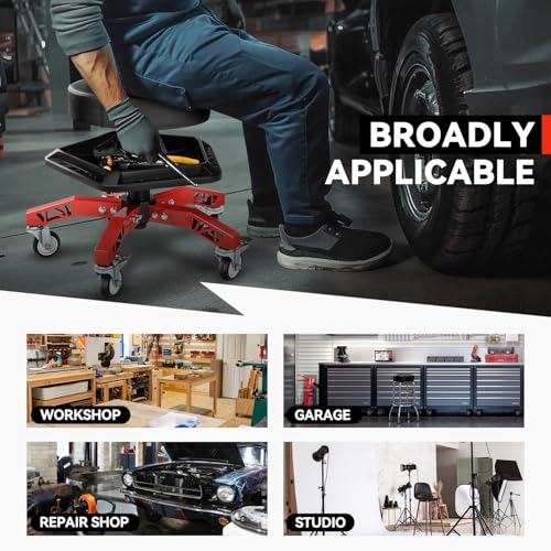 Auto Dynasty Rolling Mechanic Stool, Height Adjustable w/Tool Tray, Red - color: Red (w/Tool Storage Tray)