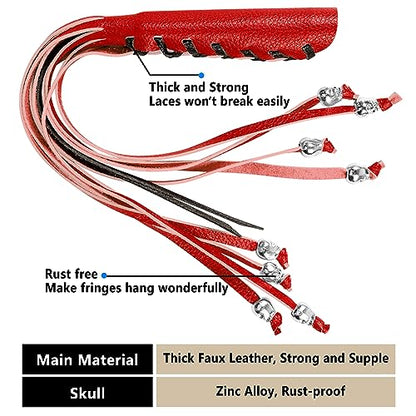 2 PCS Faux Leather Motorcycle Lever Covers with Fringes, Motorcycle Brake Clutch Lever Covers Grip Tassels Motorcycle Handlebar Handle Grip Covers, Fringed Leather Lever Covers Wraps with Skulls - color: Red & Black Laces*1 & Red Laces*1