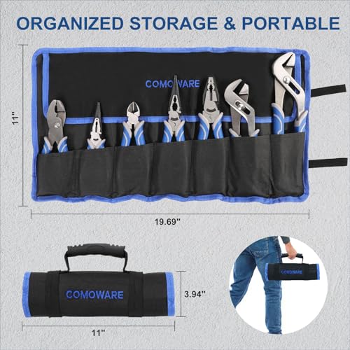 COMOWARE 7Pcs Pliers Set, Mechanic Plier with Rolling Pouch, 10", 8" Groove Joint Pliers, 8" Adjustable Wrench, 8" Linesman, 6" Long Needle Nose, 6" Slip Joint, 6" Diagonal, Roll-Up Pouch Organizer - style: 7 Pcs