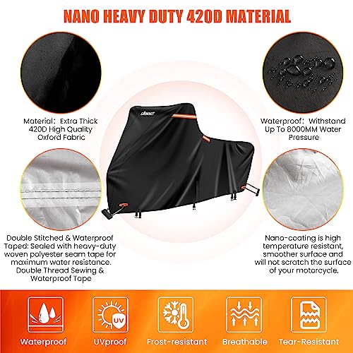 Heavy Duty Motorcycle Cover with Nano Material, Waterproof Outdoor Storage Cover, Moped Cover for Touring Models with Side Box - color: Black, size: Side Box(108"x44"x56")