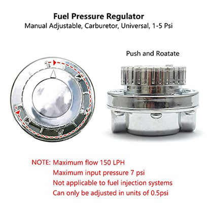 1-5 PSI Fuel Pressure Regulator Adjustable Manual Universal for Carburetor Carb Zinc Alloy FPR with 8MM 10MM (5/16" 3/8") Hose Fittings