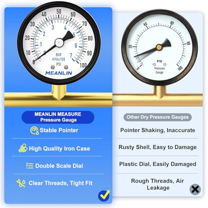 MEANLIN MEASURE 0-100Psi 2" DIAL FACE 1/4" NPT Well Pump Pressure Gauge, with 1/2" NPT and 3/8" NPT Hex Bushing, 3-2-3% Accuracy, Center Back Mount - color: 1/4"NPT Back Mount, size: 0-100Psi