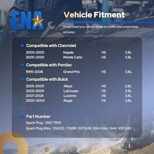 ENA Set of 6 Spark Plug with Wire Set 3.8L Compatible with Buick Chevy Pontiac Allure LaCrosse Lucerne Regal Impala Monte Carlo Grand Prix Replacement for 35-6325 3144 3951