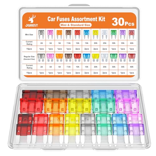 JOREST 30Pcs Mini & Standard Car Fuse Assortment Kit, 15 Mini Blade Fuses Automotive + 15Standard Auto Fuses - for Car/RV/Truck/Motorcycle(2Amp 3A 5A 7.5A 10A 15A 20A 25A 30A 35A 40A) - style: 30Pcs Mini & Standard