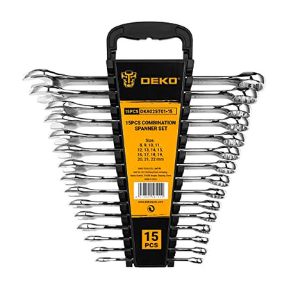 DEKOPRO Combination Wrench Set, Metric, 15-piece, 8-22mm, 12-Point, Chrome Vanadium Steel, with Plastic Tray - size: 15-Piece (Metric: 8-22 mm)