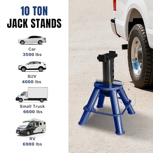 TCE 10 Ton (20,000 lb) Capacity Heavy Duty Steel Jack Stands, Low Profile, 2 Pack, T70070, Blue - style: 10 ton heavy duty