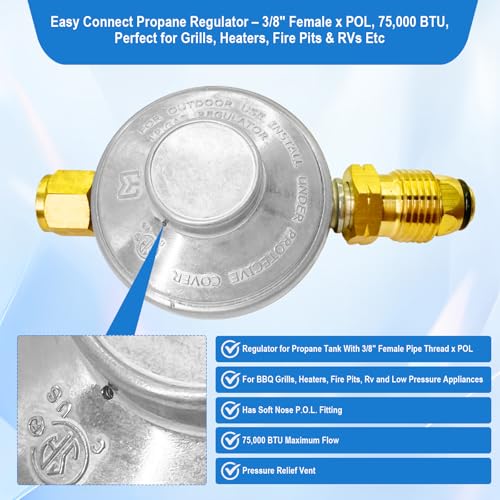 F276136 Propane Regulator–Low Pressure Propane Tank Regulator with POL & 3/8" Female Pipe Thread, Leak-Free Connection for BBQ Grills,Fire Pits,Heaters,RVs,Campers or Low Pressure Equipment. - size: F276136 Propane Regulator