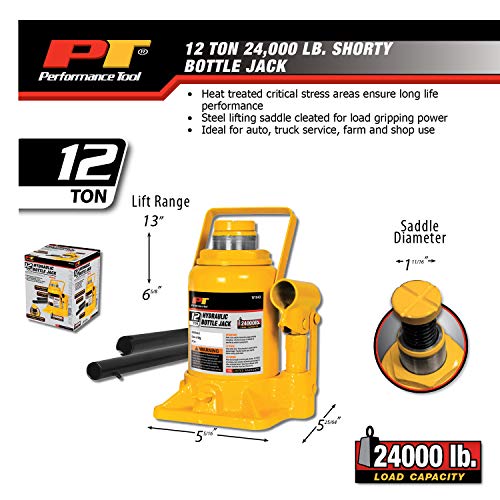 Performance Tool W1643 Heavy Duty Shorty Bottle Jack for Vehicle Maintenance, 12 Ton Capacity (24,000 lbs) - size: 12-Ton - Shorty