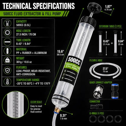 500CC Fluid Extractor Pump, Oil Extractor Pump with 2 Flexible Hoses, Manual Fluid Transfer Pump for Transmission Fluid, Brake Fluid, Coolant, Differential, Gear Oil, Automotive Fluid Extractor
