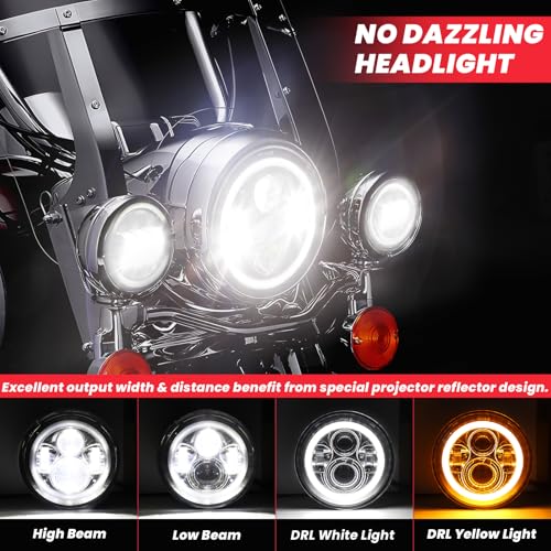 7 Inch Motorcycle LED Headlight 4.5" Fog Passing Light Assembly for Harley Touring Softail Deluxe Road King Street Glide Road Glide Ultra Limited Tri Tour Models DRL Halo Ring Angel Eye Chrome - color: Chrome