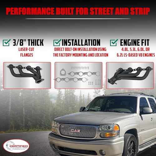 High Temperature Black Coated Exhaust Headers 2002–2013 Silverado Sierra Suburban Tahoe Yukon Escalade 4.8L 5.3L 6.0L 6.2L V8 LS Style Engines Right Side Beveled Flange - size: Black Coated Exhaust Headers