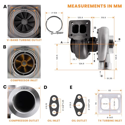 maXpeedingrods T4 Turbo Turbocharger for 4.0L-6.0L Engine, Billet Compressor Wheel, for Chevrolet Camaro Silverado 1500, for Ford Mustang, for Dodge Challenger Charger, Street JD Series