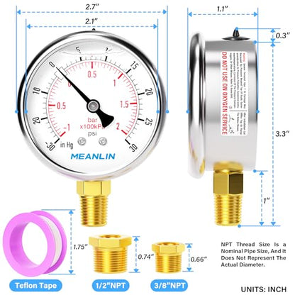 MEANLIN MEASURE -30inHG~30Psi Stainless Steel 1/4" NPT 2.5" FACE DIAL Vacuum Pressure Gauge, Lower Mount, with 1/2" NPT and 3/8" NPT Hex Bushing - size: -30inHG-30Psi