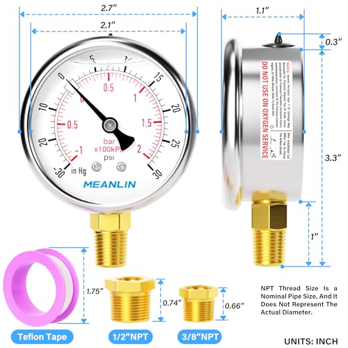 MEANLIN MEASURE -30inHG~30Psi Stainless Steel 1/4" NPT 2.5" FACE DIAL Vacuum Pressure Gauge, Lower Mount, with 1/2" NPT and 3/8" NPT Hex Bushing - size: -30inHG-30Psi