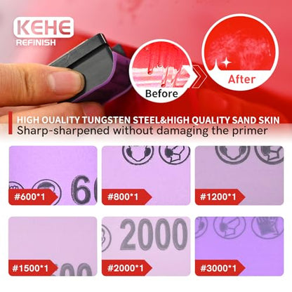 Automobile Spray Paint Point Repair Scraper with Removable Handle,Carbide Tungsten Repair Scraper Tool Paint File for Edge Banding, Denibbing, and Spot Repair - color: Double-hole+handle+box+sandpaper