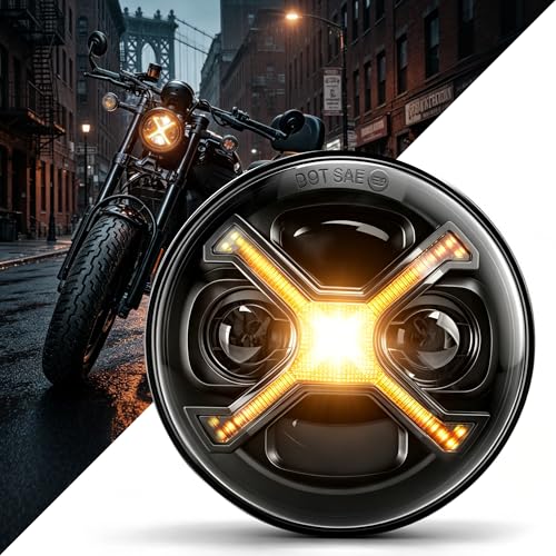 5.75 LED Headlight with X-Style Amber DRL, 5-3/4 Inch Motorcycle Projector Headlamp Compatible with Sportster Iron 883, Dyna Street Bob, Indian Scout Bobber, DOT Approved High Low Beam, Black - color: 5.75 Inch Amber X DRL