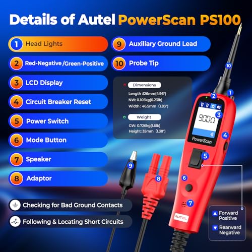 Autel PowerScan PS100 Circuit Tester 2.0, 12-24V Power Circuit Probe Tool